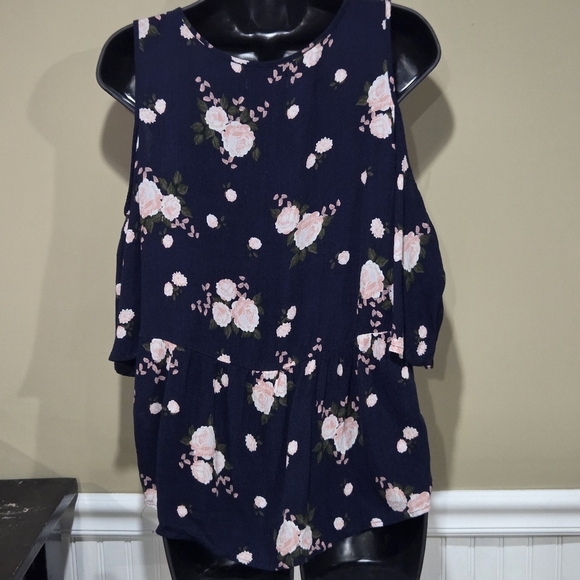 Bongo Junior Floral Cold Shoulder Top - Navy Size M - Picture 2 of 8